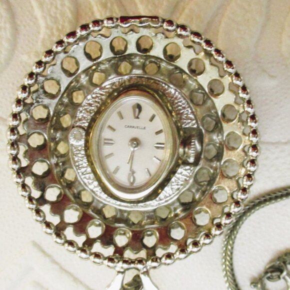 Vintage CARAVELLE BULOVA Watch Necklace: Whiting & Davis Cameo Pendant Watch - Picture 4 of 14